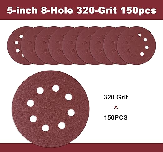 S SATC 150 PCS Sanding Discs 5-Inch 8-Hole Hook and Loop 320 Grit Sandpaper for Random Orbital Sander