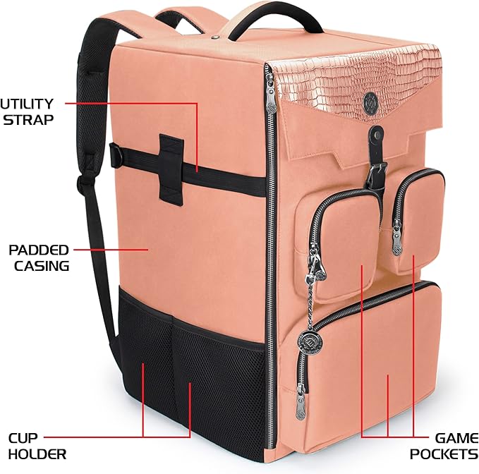 ENHANCE Collector's Edition Board Game Backpack - Reinforced Rigid Board Game Storage with Padded Shoulder Straps, Carrying Handle, and Accessories Pockets for Dice, Cards, More (Dragon Pink)