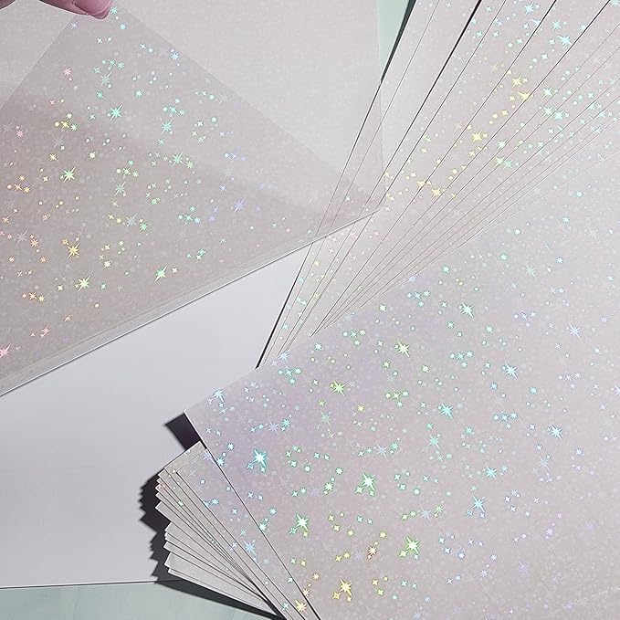 36 Sheets Holographic Sticker Paper Clear A4 Vinyl Sticker Paper Self Adhesive Waterproof Transparent Film Gem Rainbow Star Patterns, 11.7 x 8.3 Inch (Star)