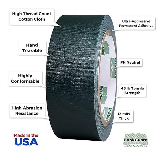 BookGuard 1-1/2 Inch Vinyl-Coated Cotton Cloth Bookbinding Repair Tape, 15 Yard Roll, Forest Green
