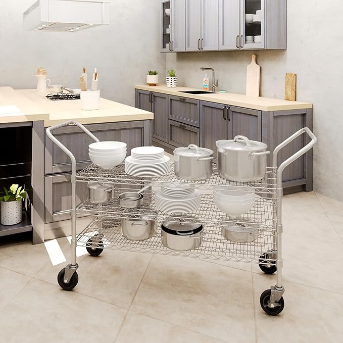 18" W x 48" L x 36" H Chrome Heavy Duty Utility Cart | 3-Tier | NSF Commercial Storage Rack Mobile Unit | Storage and Mobility Solution for Your Business
