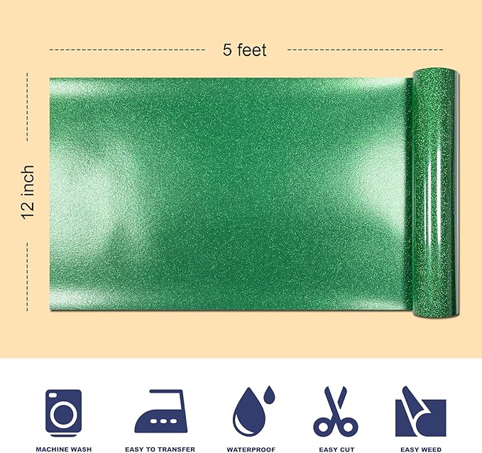 Christmas Green Glitter HTV Heat Transfer Vinyl, 12" x 5ft lron on Vinyl, for T-Shirt Ironing, Vinyl HTV Easy to Cut and Weed, The Best Choice for DIY Creativity. (Greener, 12" x5ft)