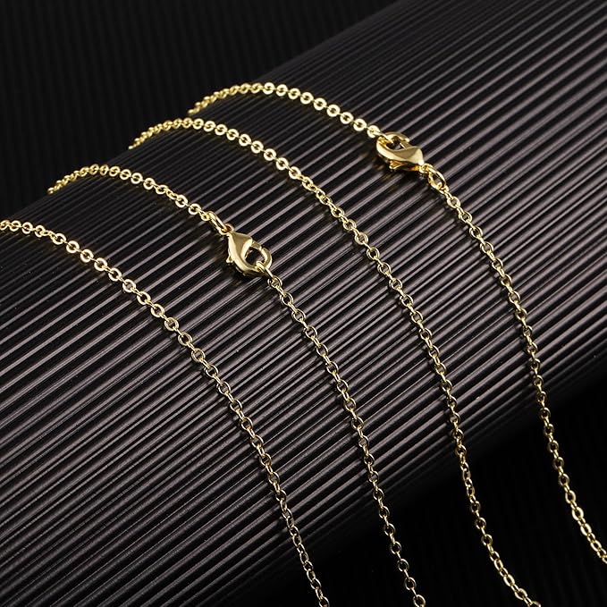 ALEXCRAFT Wholesale 12 PCS Gold Plated Brass Flat Cable Chain Finished Necklace Chains Bulk for Jewelry Making (30 Inch(2 MM))