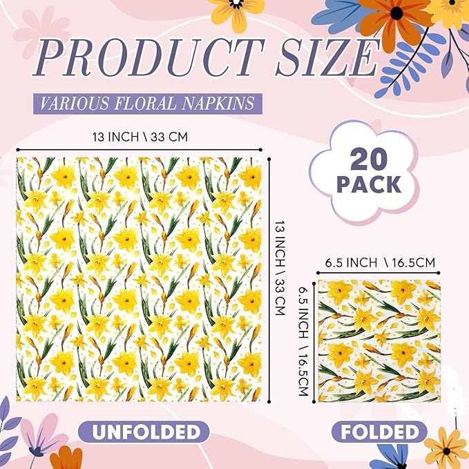 Crtiin 20 Pack Assorted Floral Napkins for Decoupage Toilet Napkins Flower Cocktail Decorative Paper for Birthday Party Beautiful Gorgeous, 20 Styles Each 6.5 inches(Style 2)