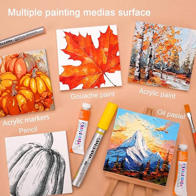 AUREUO Mini Canvas and Easel Set - 3x3 Inch/ 12 Pack - 2/5 Inch Profile Small Square Canvas with Display Stand - Art Gift Set Bulk Pack Canvases for Acrylic Painting & Craft