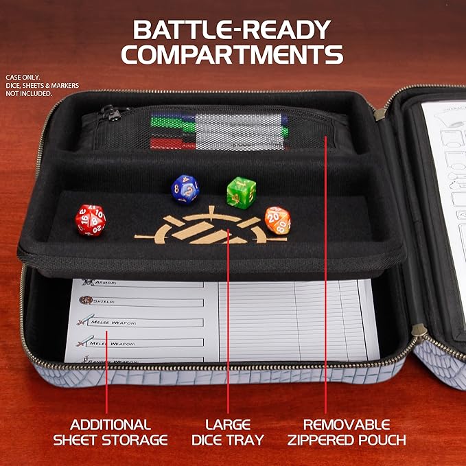 ENHANCE RPG Organizer Case - DnD Binder with Built-in Character Sheet Holder and Erasable Scribe Panel, Dice Rolling Area, Removable Pen Pouch, Miniature Foam Tray, Wrist Strap