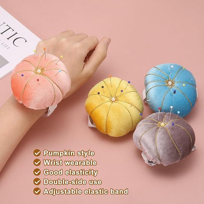 HARFINGTON Wrist Pin Cushion Wristband Sewing Pincushion Polyester Pin Holder Wearable Pumpkin Shaped Needles Wristband for Sewing Quilting Needlework DIY Crafts, Green