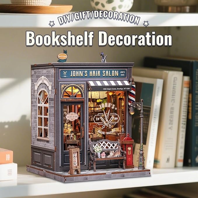 CUTEBEE Book Nook Kit - DIY Miniature House Dollhouse Kit for Adults, Booknook Hair Salon Barbershop Tiny House Bookshelf Decor 3D Wooden Puzzle, Gifts for Family and Friends (John's Hair Salon)