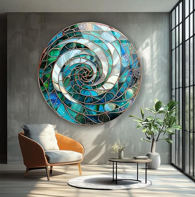 My Photostation.com 10''(25cm) Diameter Aqua Spiral Harmony Round Glass Wall Art Tempered Glass Printing Wall Decor Large Wall Art Wall Hangings