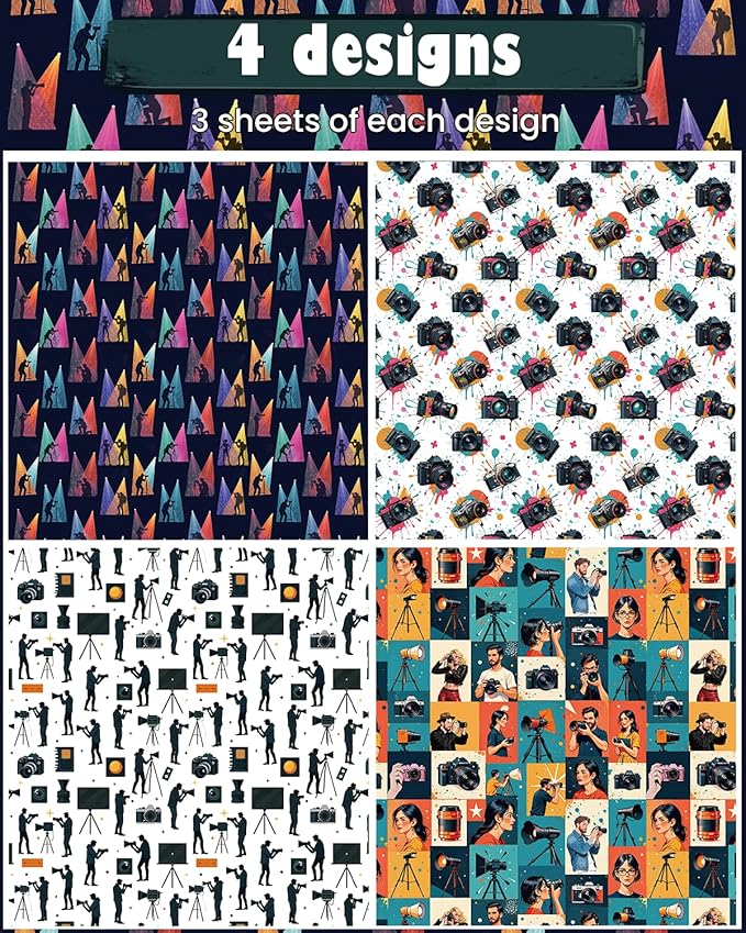 Pineraap 12 Sheets Photographer Wrapping Paper, Photography Gift Wrap Paper with Equipment, Camera, Photos & Scenes, Folded Flat Art Paper for Birthday DIY Crafts, 19.7 x 27.6 Inch (B)