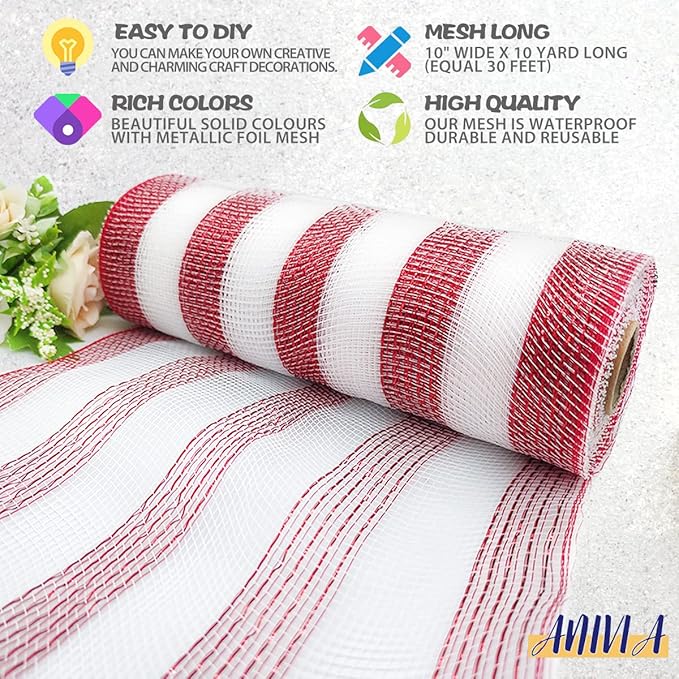 Anivia Deco Mesh Ribbon, 10inch x 30 Feet Each Roll Metallic Foil Mesh Ribbon for Wreaths Swags, Holloween, and Christmas Tree Decoration (Red&White)