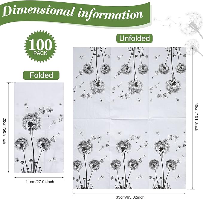 100 Sheets Dandelion Guest Towels Disposable for Bathroom Disposable Paper Napkins for Dinner Party Kitchen Floral Paper Hand Towels for Guest Party Supplies (4.3 x 7.9 Inch)