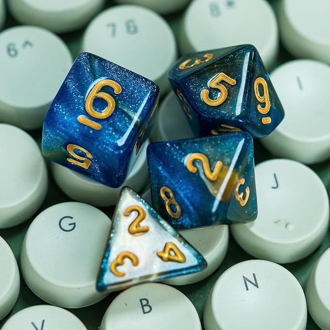 7-Die DND Dice Set Polyhedral Dice Set with a Leather Dice Bag, D&D Dice Set for Dungeons and Dragons, RPG Table Games (Blue Yellow/Glitter)