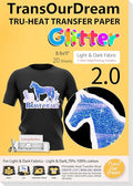 TransOurDream Glitter 2.0 Heat Transfer Paper for Inkjet Printer (20 Sheets, 8.5x11'') Printable Heat Transfer Vinyl for T Shirts Iron on Transfers for Light & Dark Fabrics(TOD-GL2-20)