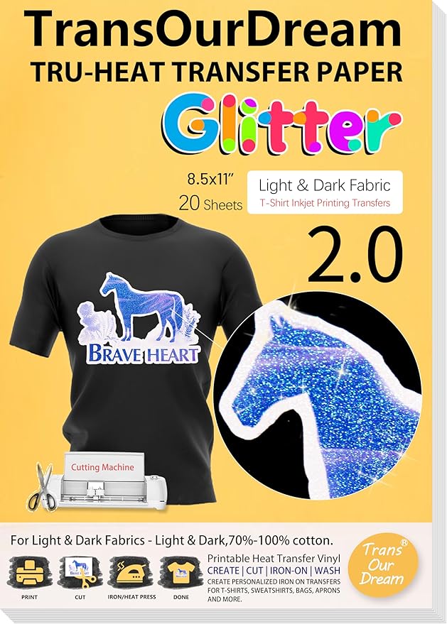 TransOurDream Glitter 2.0 Heat Transfer Paper for Inkjet Printer (20 Sheets, 8.5x11'') Printable Heat Transfer Vinyl for T Shirts Iron on Transfers for Light & Dark Fabrics(TOD-GL2-20)