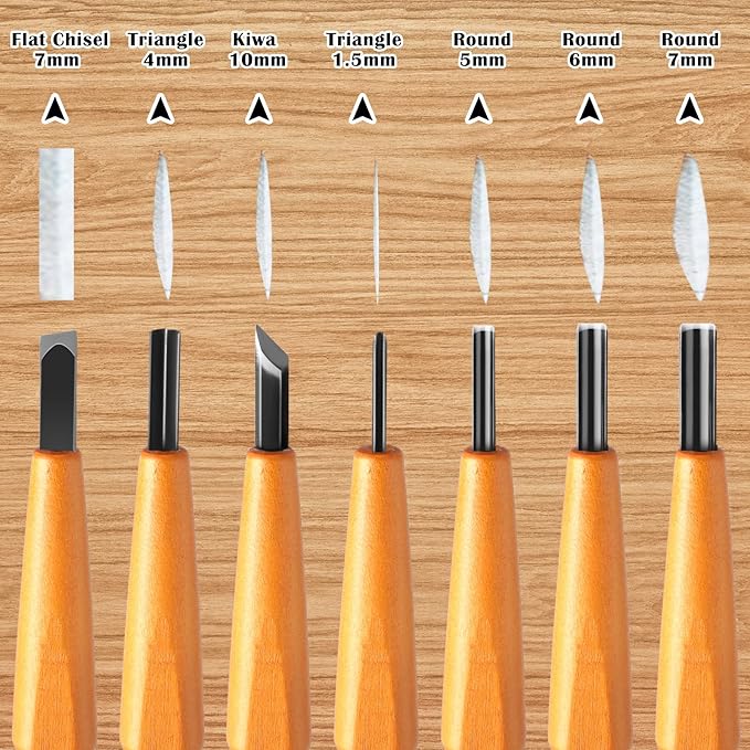 Lasnten 7 Pcs Wood Pumpkin Carving Tools Set Linoleum Hand Wood Knife Chisels Flat V-shaped Half Round Angled Gouge Carving Kit for DIY Linocut Printmaking Woodblock