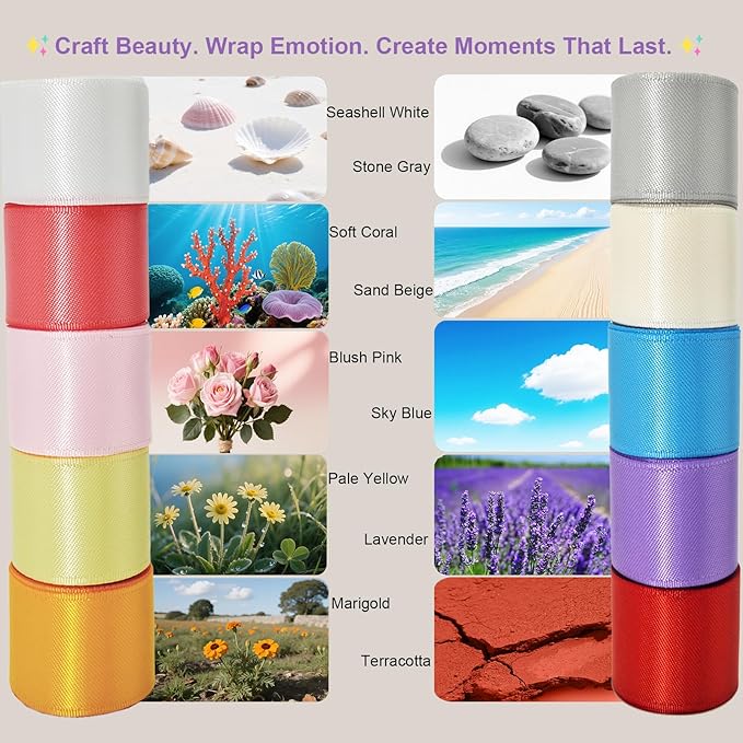 1-1/2 Inch Double-Faced Satin Ribbon 50 Yards Set,“Morning Meadow”–10 Nature Colored Ribbon Bulk for Gift Wrapping, Crafts, Flower Bouquet, Easter, Wedding, Party Decor, Teacher Kids, Hair & Bows