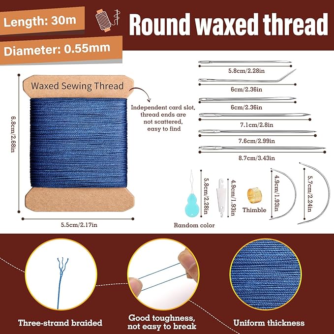 Repair Sewing Kit, Upholstery Needle with 32 Yard Waxed Thread and 8 Pcs Heavy Duty Leather Needles for Hand Stitching, Canvas & Quilting - 0.55mm Round Waxed Thread Dark Blue