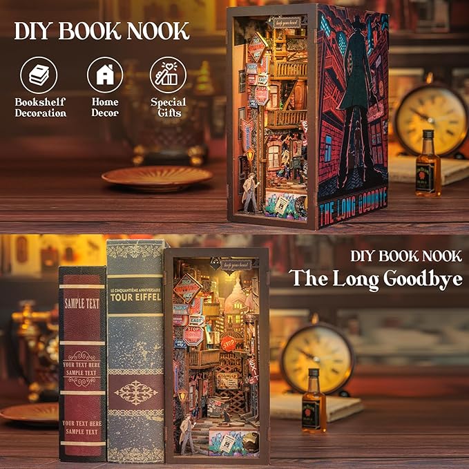 Cutefun Book Nook Kit - DIY Miniature Dollhouse Kit for Adults and Teens, Bookend Mini House Building Kit with LED, 3D Wooden Puzzle for Beginner Creative Gifts (The Long Goodbye)