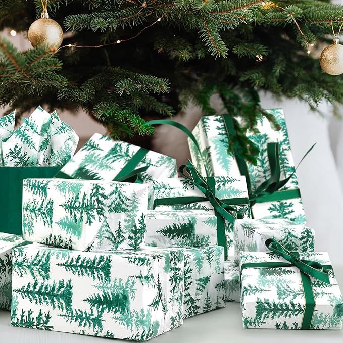 100 Sheets Christmas Tree Tissue Paper, 20x14in Forest Style Wrapping Tissue Watercolor Xmas Tree Art Tissue for Xmas Party Gift Bag Fillers Winter Party Decor (Blush Green)
