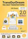TransOurDream Heat Iron on Transfer Paper for Light T Shirts (200 Sheets, 8.5x11", 2.0) Printable HTV Heat Transfers Vinyl for Inkjet Printer, Iron on Transfers for Light Fabric