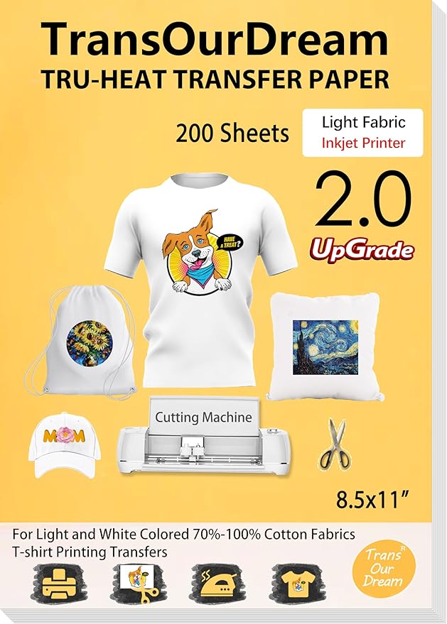 TransOurDream Heat Iron on Transfer Paper for Light T Shirts (200 Sheets, 8.5x11", 2.0) Printable HTV Heat Transfers Vinyl for Inkjet Printer, Iron on Transfers for Light Fabric