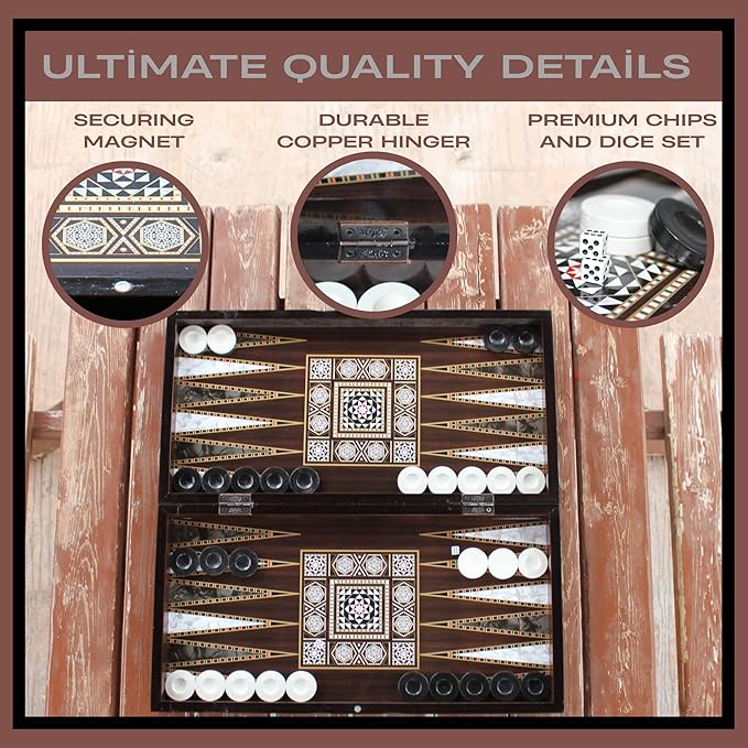 Park Oz Pearl Premium Turkish Backgammon and Checkers Set 19 Inch Handmade 2 in 1 Wooden Board Game with Glossy Finish Luxury Checkers and Dice Travel Friendly and Foldable