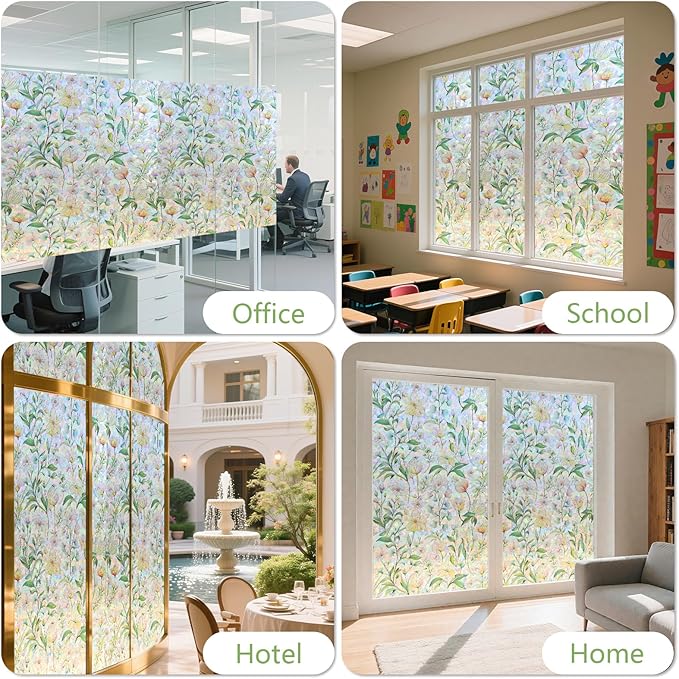 FINNEZ Window Privacy Film Stain Glass Film Flowers Rainbow Window Film Window Clings Non-Adhesive Reusable Decorative for Home（Forest Rainbow，17.5 Inch x 6.5 Feet）