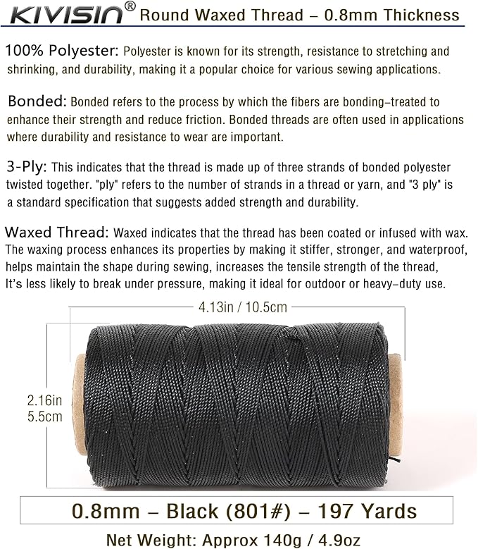 Bonded 0.8mm Round Waxed Polyester Cord, 3-ply Wax Coated Thread, 197 Yards Stiff String for Heavy Duty Fabric, Leather Sewing, Book Binding, Upholstery Repair, and Macrame Jewelry - Black