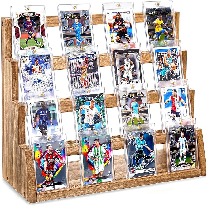Emfogo Card Display Stand, 4-Tier Trading Card Display, Wooden Graded Baseball Sports Card Display, Trading Card Display Case for Card Collection & Show (Brown)