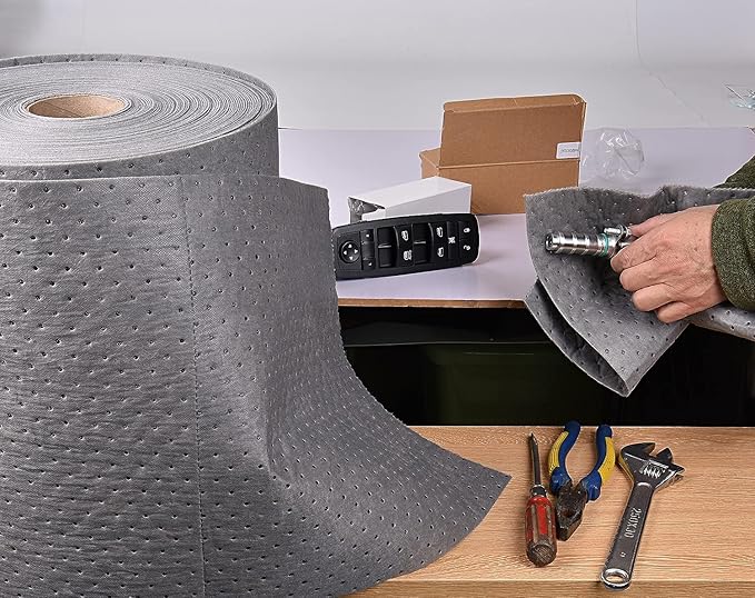 PONO Premium Polypropylene 150' L x 15" W Absorbent Mat Roll Gray Heavy Weight Oil Absorbing Mats Universal Oil for Absorbing Oils, Water, Solvents, Coolants and More
