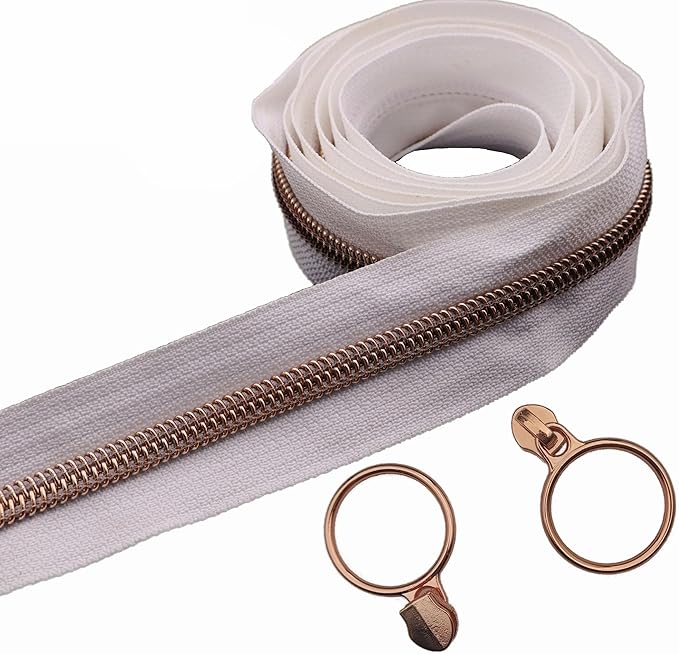 Leekayer #5 Rose Gold Metallic Teeth Nylon Coil Zippers by The Yard Bulk 10 Yards White Zipper Tape with 25pcs Rose Gold Ring Pull Sliders for DIY Sewing Tailor Craft Bag(White)