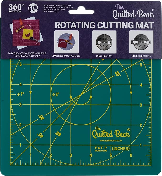 The Quilted Bear Rotating Cutting Mat 7" x 7" - Locking & Rotating Self Healing Cutting Board for Sewing, Fabric & Effortless Quilting - 360 Degree Sewing Supplies Mat for Craft Table (Green)