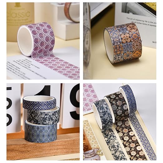 12 Rolls Exotic Charm Washi Tape Set Floral Arts Adhesive Tapes Geometric Garden Decorative Masking Tape Sets for Craft, Kids, Scrapbook, DIY, Gift Wrapping (Azure Serenity)