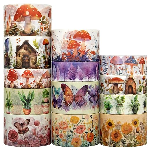 Washi Tape Set 13 Rolls - Mushroom Butterfly Floral Decorative Tape, Colored Masking Tape for Scrapbooking Supplies, Bullet Journal Supplies, Junk Journal, DIY Crafts Art