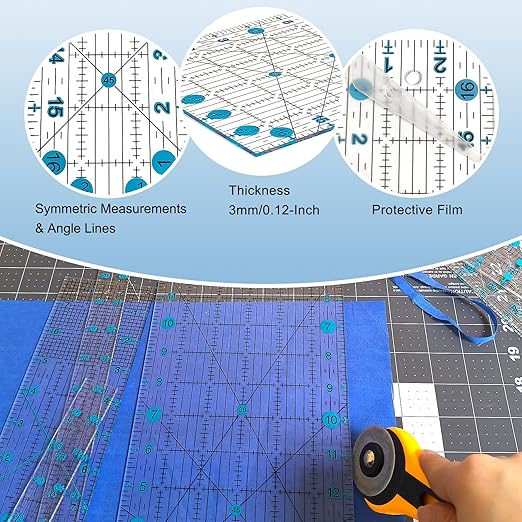 Quilting Ruler, 8 Piece Acrylic Quilting Templates, Sewing Ruler, Fabric Cutting Ruler with Non-Slip Rings, Quilting and Sewing (6"x17", 3"x17", 2"x16", 1.5"x12", 1"x12", 1"x6", 8"x3") (Blue)
