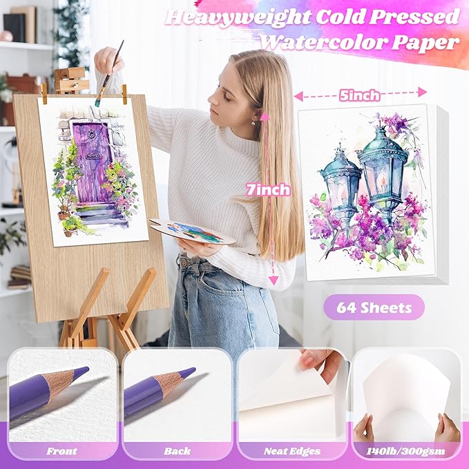 64 Sheets Watercolor Paper, 5"x7" Water Color Paper, 140lb/300gsm Artist Sketch Easel Acrylic Painting Loose Drawing Paper Bulk, Art Supplies for Kids Child Adults, Watercolors, Watercolor Paint Set