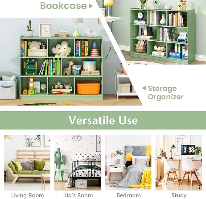Toy Storage Organizer, 2-Tier Kids Bookshelf, 5 Cube Kids' Bookcases, Cabinets & Shelves, Wooden Toy Organizers, Small Book Shelf for Bedroom, Playroom, Classroom, Nursery (Green, 3-Tier)
