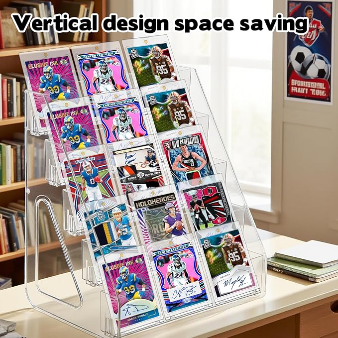 5 Tier Acrylic Card Display Stand(Tall Height), Clear Display Shelf Desktop for Trading Cards, Sports Cards, Greeting Card, Stickers & Brochures, Easy Clip-On Design
