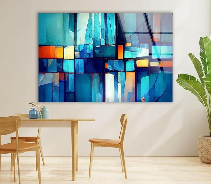 My Photostation.com 43Wx27H'' Blue Vibrant Stained Glass Wall ArtTempered Glass Printing Wall Decor Large Wall Art Wall Hangings