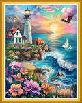 Magxvouy Cross Stitch Kits Stamped Full Range of Embroidery Kits,Cross Stitch Patterns Needlework Kits for Beginners 11CT Printed Kits&Lighthouse Seaside Flowers 16x20 inch