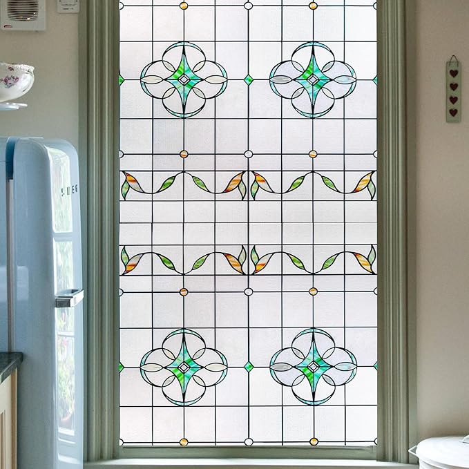 3D Stained Glass Window Privacy Film, Heat Control UV Blocking Static Cling Decorative Window Film for Bathroom,Front Door,Home Non Adhesive,35.4 x 78.7 inches Verdant Whispers