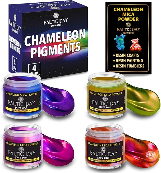 BALTIC DAY - Chameleon Mica Powder, 4 Jars of Color Shift Mica Powder Set - Epoxy Resin Color Pigment Powder - Chameleon Powder - Holographic Mica Powder