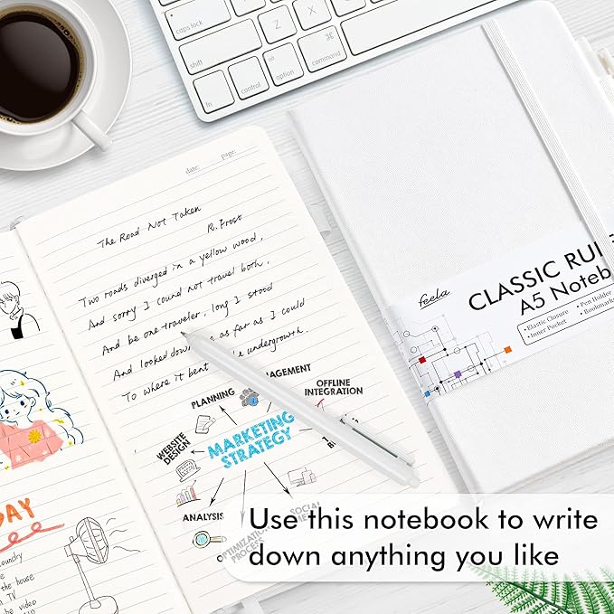 feela 5 Pack Notebooks Journals Bulk, Hardcover Notebook Classic Ruled Lined Journals with Pen Holder for Women Girls School Business Supplies, with 5 Black Pens, 120 GSM, 5.1”x8.3”, A5, White