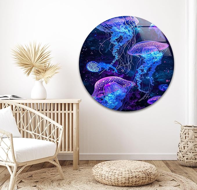 My Photostation.com 18Wx28H'' Glowing Jellyfish Glass Wall Art Tempered Glass Printing Wall Decor Large Wall Art Wall Hangings