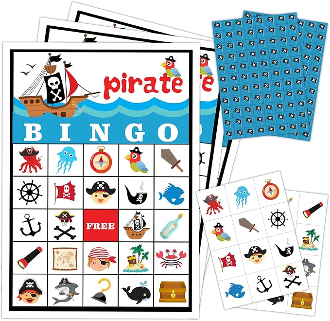 Pirate Ship Adventures Bingo Game Cards(24 Players), Pirate Party Bingo Card for Family Friend Adult, Large Group Skull Party Activity Favor Decoration Supplies -007