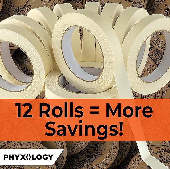 3/4 in Pro-Grade Masking Tape. 60 Yard 12 Pack = 720 Yards of Multi-Use, Easy Tear Tape. Great for Labeling, Painting, Packing and More. Adhesive Leaves No Residue.