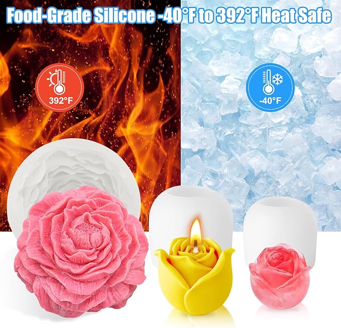 3 Pcs Peony Flower Silicone Candle Molds Set, 3D Peony and Rose Silicone Resin Soap Molds, Flower Fondant Silicone Mold for Handmade Cake Decoration Chocolate Epoxy Casting Resin Craft