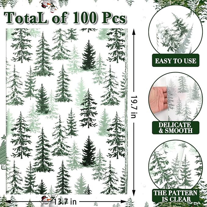100 Sheets Christmas Tree Tissue Paper, 20x14in Forest Style Wrapping Tissue Watercolor Xmas Tree Art Tissue for Xmas Party Gift Bag Fillers Winter Party Decor (Green)