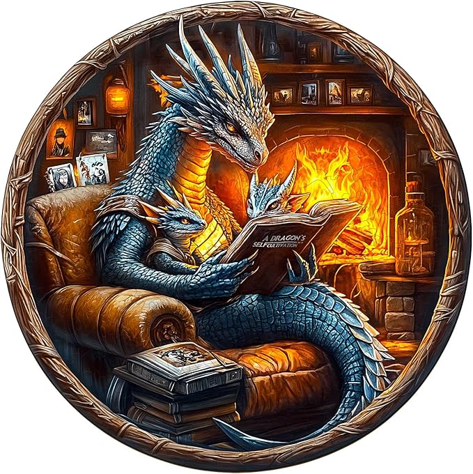 KAAYEE Wooden Puzzles for Adults, 3D Visual Effect Dragon Family Night Reading Wooden Jigsaw Puzzle Unique Shape Wood Puzzle Adult, 3D Effect Flat Puzzle Birthday Family Games (L-13.4*13.4 in-295pcs)